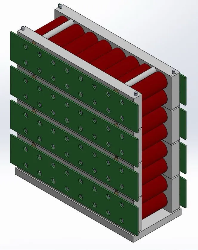 Modello CAD di un modulo batterie con celle cilindriche e piastre di collegamento
