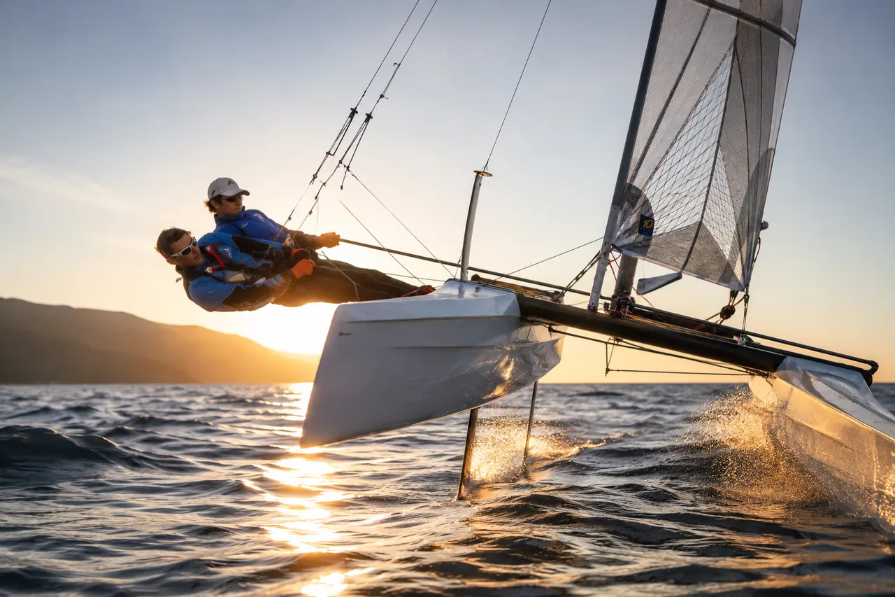 Catamarano sportivo in navigazione con componenti strutturali in carbonio